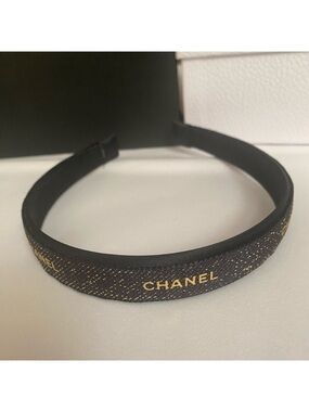 HANDMADE CHANEL Ribbon Black & Gold Logo Headband